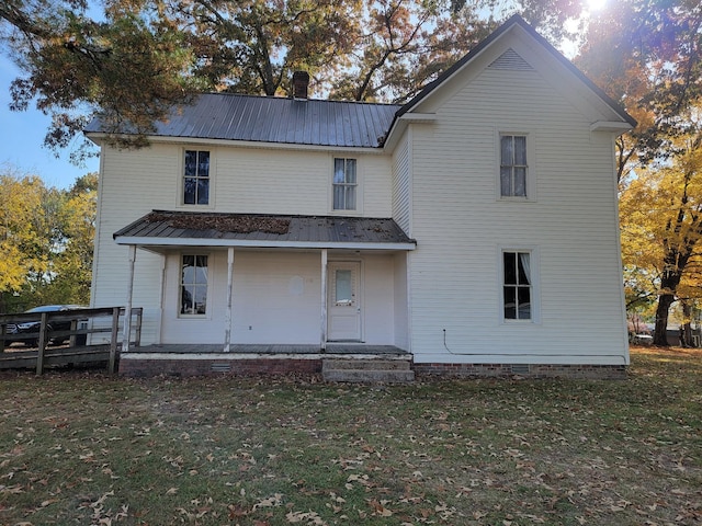 110 W Commerce St, Loretto, TN 38469 - view of front of property with a front lawn, a metal roof, crawl space, and covered porch