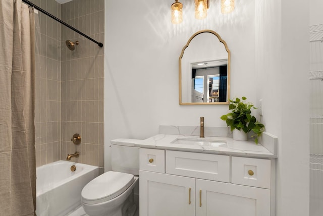 full bathroom with toilet, vanity, and shower / bath combo with shower curtain