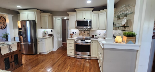 kitchen with dark hardwood / wood-style flooring, light stone countertops, tasteful backsplash, and stainless steel appliances