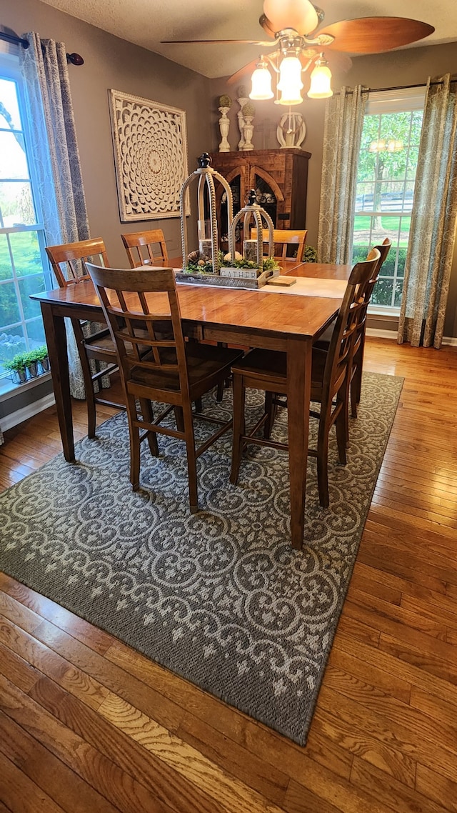 dining room featuring hardwood / wood-style floors and ceiling fan