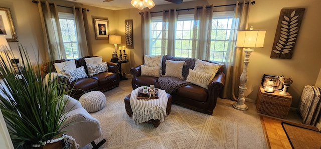 living room featuring ceiling fan