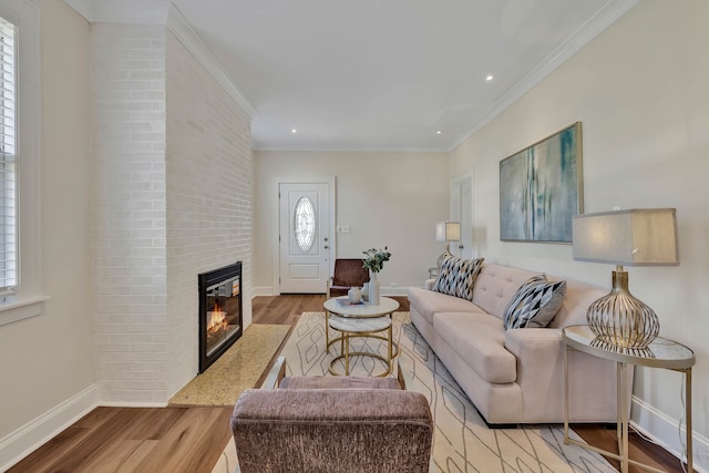 living room featuring plenty of natural light, light wood-type flooring, a fireplace, and ornamental molding