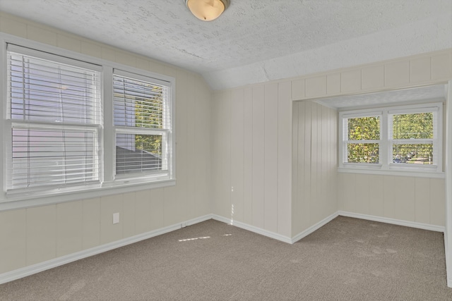 unfurnished room featuring carpet, a textured ceiling, and vaulted ceiling