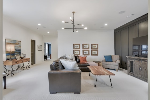 carpeted living room featuring a notable chandelier and ornamental molding