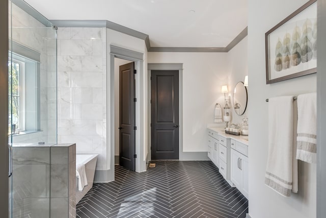 bathroom with plus walk in shower and vanity