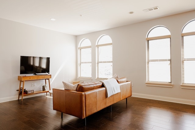 bedroom featuring multiple windows and dark hardwood / wood-style floors