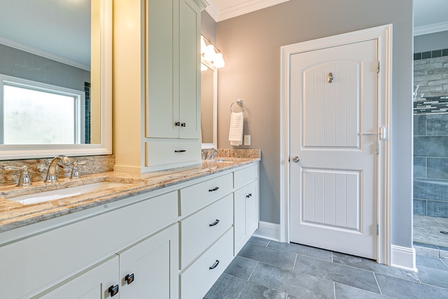 bathroom with ornamental molding, dual sinks, tile floors, and oversized vanity