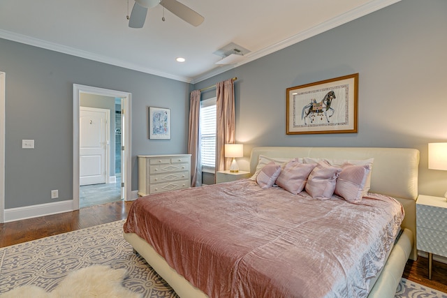 bedroom featuring ceiling fan, ornamental molding, and dark wood-type flooring