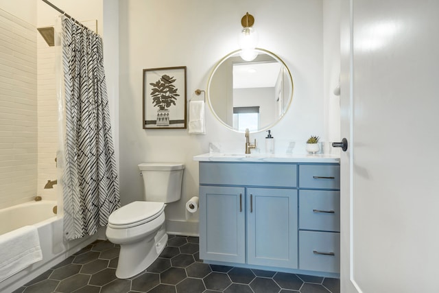 full bathroom featuring toilet, shower / tub combo with curtain, vanity, and tile flooring