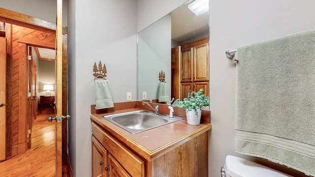 bathroom with large vanity, toilet, and hardwood / wood-style floors