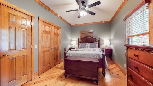 bedroom with ornamental molding, multiple closets, ceiling fan, and light wood-type flooring