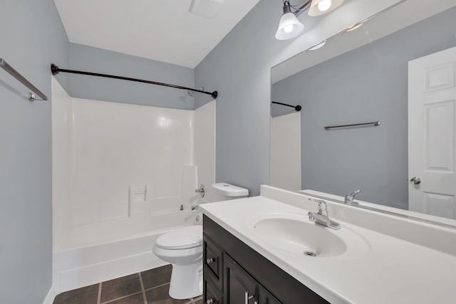 full bathroom featuring tile patterned floors,  shower combination, vanity, and toilet