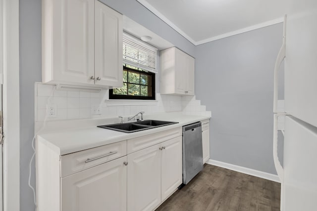 kitchen featuring decorative backsplash, white cabinets, dishwasher, and dark wood-type flooring