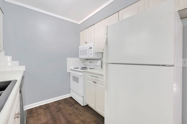 kitchen featuring ornamental molding, white appliances, white cabinetry, dark hardwood / wood-style flooring, and decorative backsplash