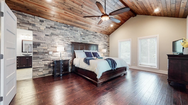 bedroom featuring high vaulted ceiling, wooden ceiling, ceiling fan, and dark wood-type flooring