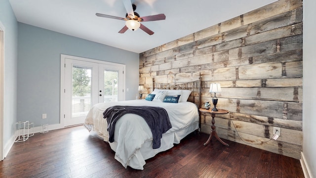 bedroom with ceiling fan, access to outside, dark hardwood / wood-style floors, and french doors