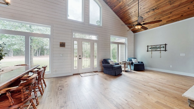 interior space featuring wood ceiling, high vaulted ceiling, ceiling fan, and light wood-type flooring