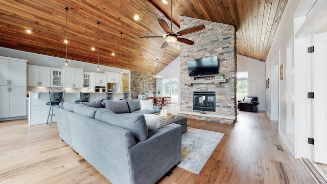 living room featuring wooden ceiling, ceiling fan, light hardwood / wood-style floors, and high vaulted ceiling