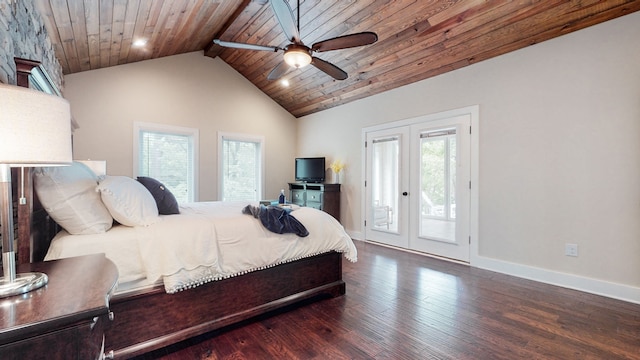 bedroom with access to exterior, ceiling fan, dark hardwood / wood-style flooring, wooden ceiling, and high vaulted ceiling