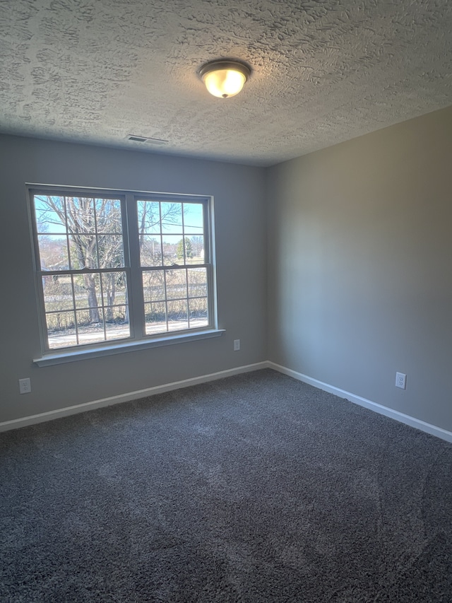 unfurnished room with carpet and a textured ceiling