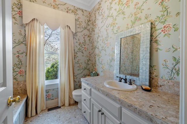 bathroom with ornamental molding, tile flooring, toilet, and large vanity