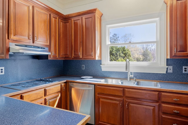 kitchen with electric stovetop, stainless steel dishwasher, tasteful backsplash, and sink