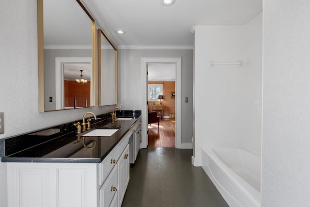 bathroom with tile flooring, a notable chandelier, ornamental molding, and dual bowl vanity