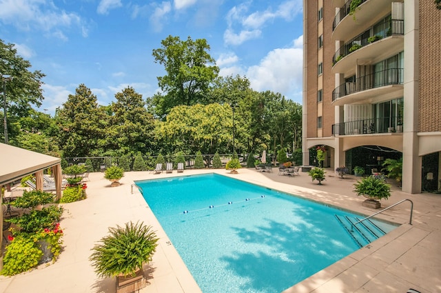 view of swimming pool featuring a patio area