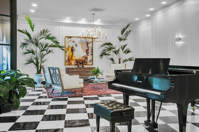 misc room featuring crown molding, a chandelier, and light tile floors