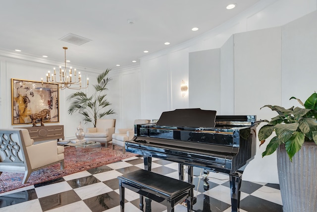 miscellaneous room featuring an inviting chandelier, crown molding, and light tile floors