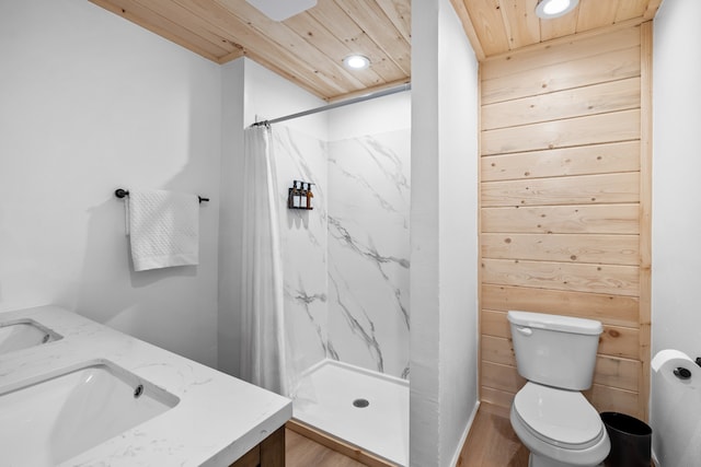 bathroom featuring toilet, vanity, wooden ceiling, and wood-type flooring