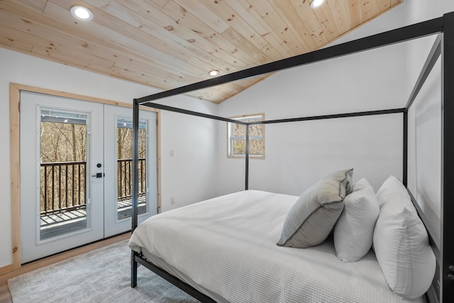 bedroom featuring french doors, wooden ceiling, access to outside, and light wood-type flooring