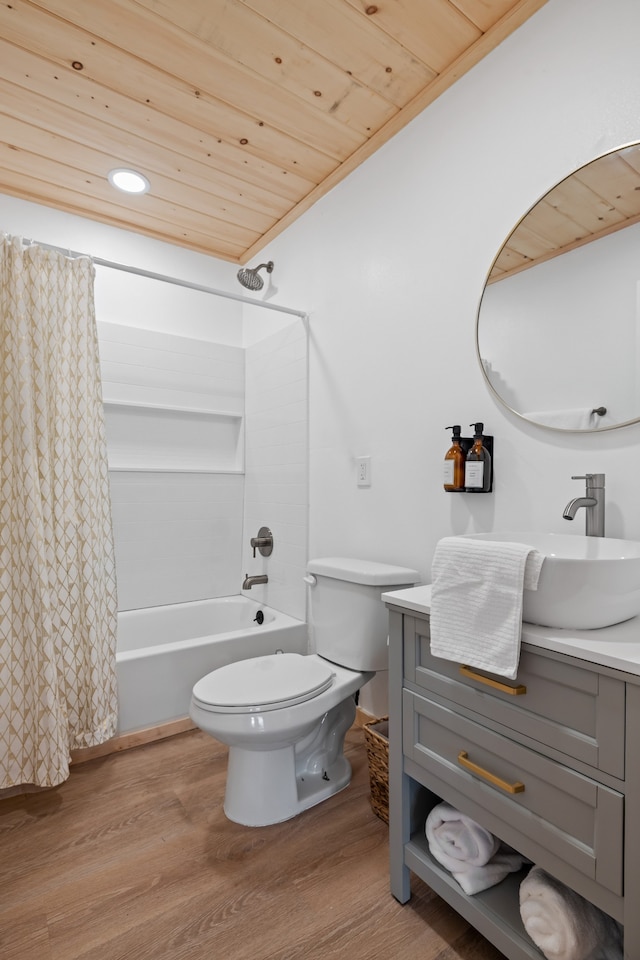 full bathroom featuring toilet, shower / bathtub combination with curtain, vanity, wood ceiling, and wood-type flooring