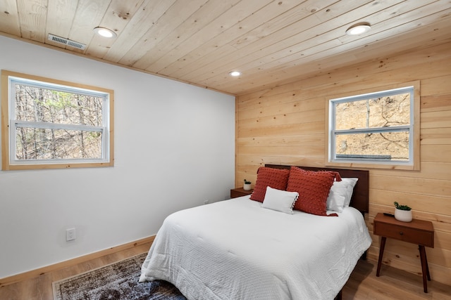 bedroom with wooden ceiling and wood-type flooring