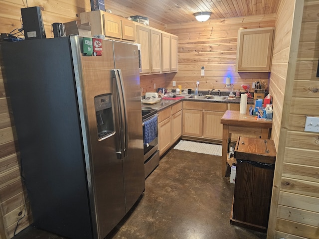 kitchen featuring light brown cabinets, sink, stainless steel appliances, wooden walls, and wood ceiling