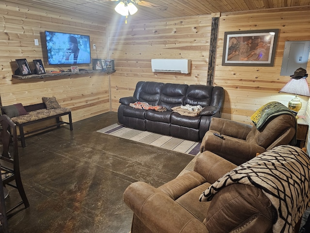 living room featuring wood walls, ceiling fan, wood ceiling, and a wall unit AC