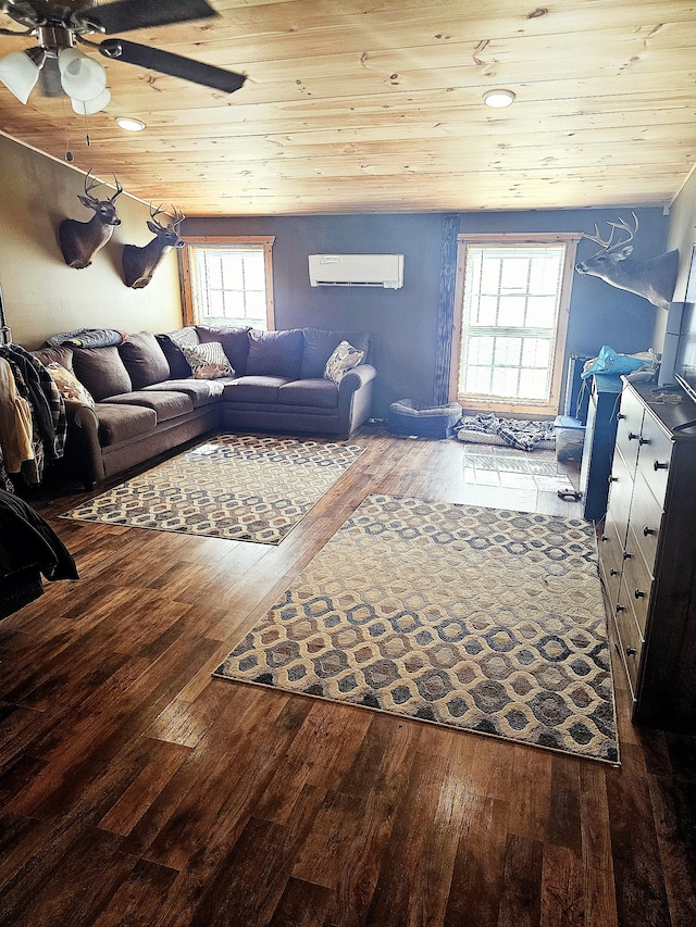 interior space featuring wood ceiling, ceiling fan, a wall mounted air conditioner, and dark hardwood / wood-style floors