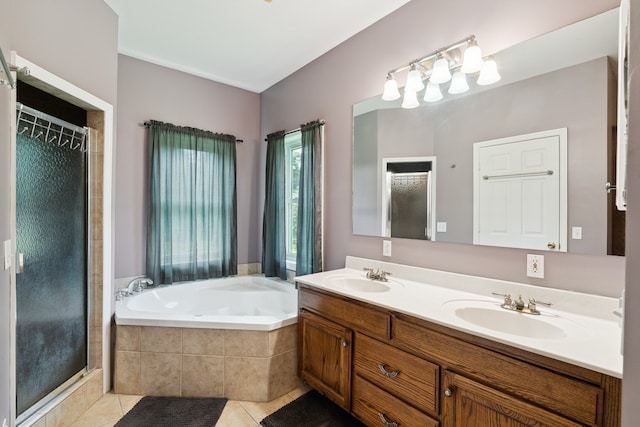 bathroom with dual bowl vanity, plus walk in shower, and tile flooring