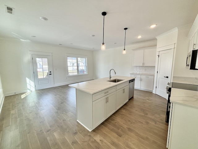 kitchen featuring stainless steel appliances, wood finished floors, a sink, visible vents, and decorative backsplash