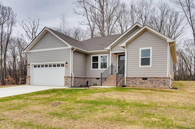 ranch-style house with a shingled roof, concrete driveway, a front lawn, a garage, and crawl space