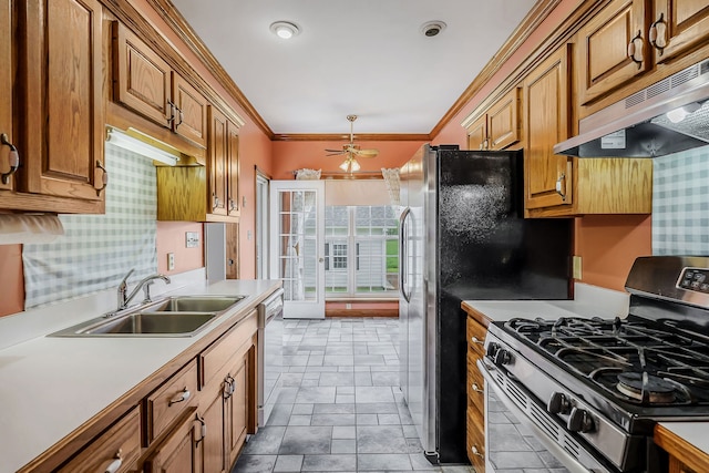 kitchen featuring sink, ceiling fan, dishwasher, stainless steel gas range, and light tile floors