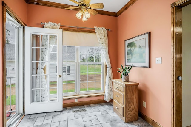 doorway to outside featuring ornamental molding, ceiling fan, and light tile floors