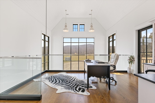 office featuring a wealth of natural light, wood-type flooring, and high vaulted ceiling