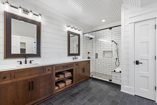 bathroom featuring dual bowl vanity, tile flooring, an enclosed shower, and wood ceiling