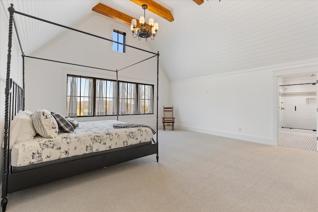 carpeted bedroom with high vaulted ceiling, beam ceiling, and a chandelier