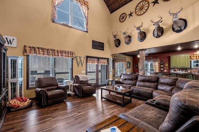 living room with decorative columns, high vaulted ceiling, and dark hardwood / wood-style flooring