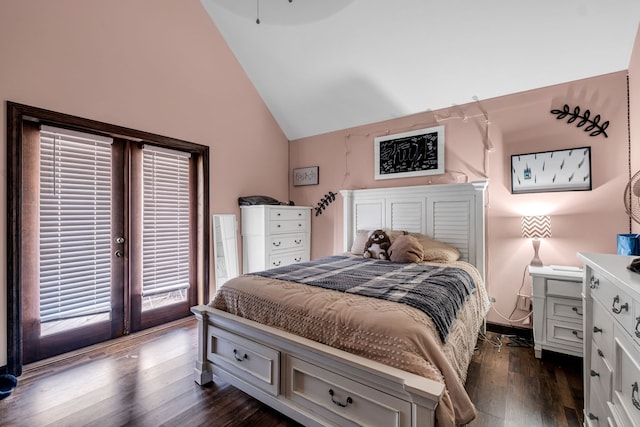 bedroom with high vaulted ceiling, access to exterior, and dark wood-type flooring