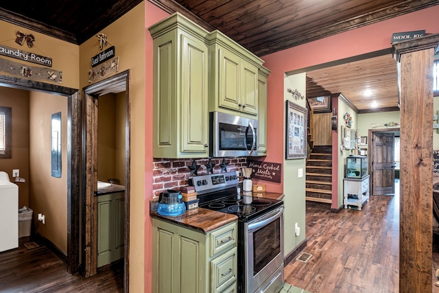 kitchen with wooden ceiling, appliances with stainless steel finishes, crown molding, dark hardwood / wood-style floors, and green cabinets