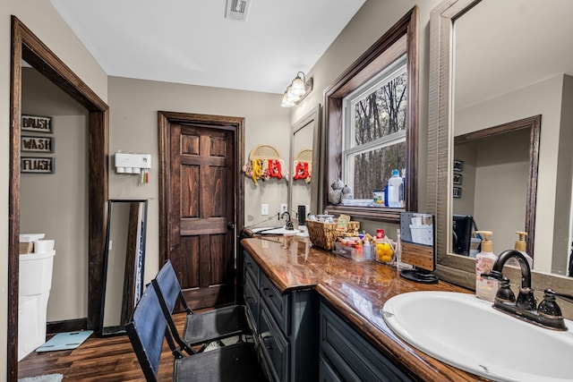 bathroom with dual sinks, large vanity, and hardwood / wood-style flooring