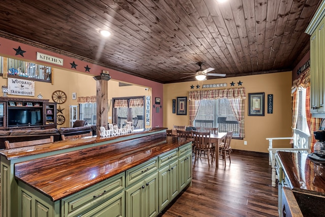 kitchen featuring wooden ceiling, dark wood-type flooring, wood counters, and plenty of natural light